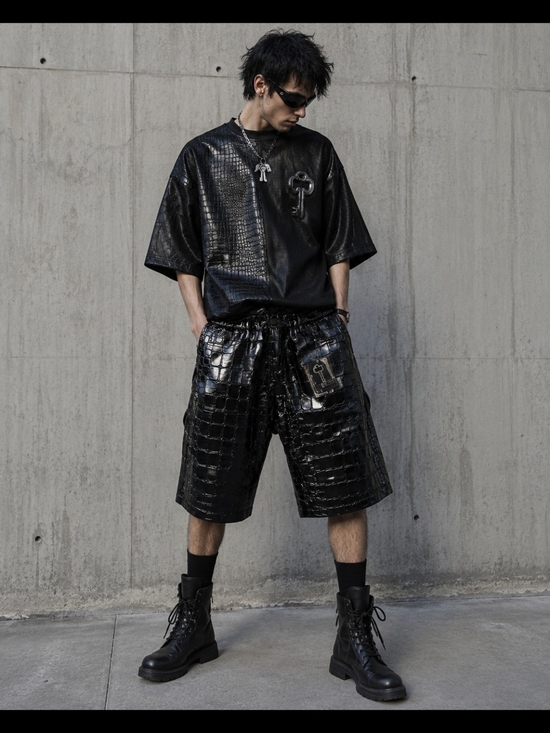 KTZ KOKON TO ZAI Other - RARE KTZ KOKON TO ZAI CROC EMBOSSED FAUX LEATHER OVERSIZED CARGO SHORTS M/L